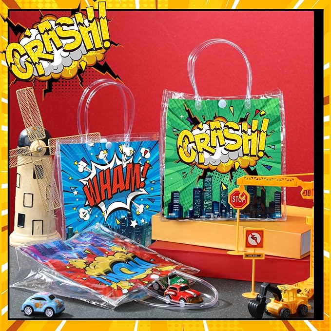Teenyyou 24 Pcs Hero Clear Favor Bags with Handles Hero Party PVC Treat Plastic Gift Bags for Birthday Party Rewards Supplies