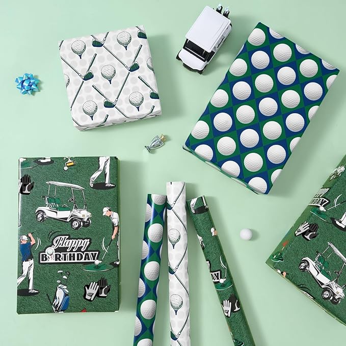 WERNNSAI Golf Wrapping Paper Rolls - 3 Rolls 17” x 10FT Golf Gift Wrap for Dad Men Birthday Father's Day Sport Golfball Golfing Theme Party Retirement Gifts Green Golfball Design