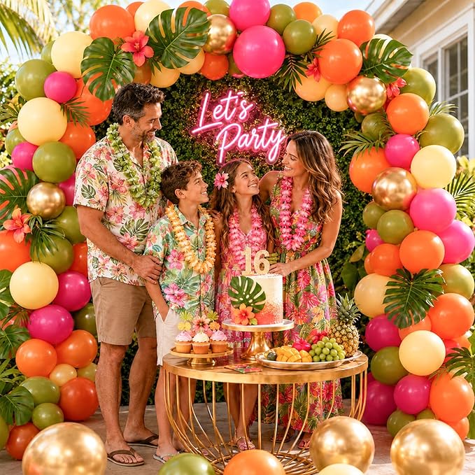 Tropical Hawaiian Balloons Arch Garland Kit, Olive Green Hot Pink Orange Yellow Metallic Gold Balloons for Kids Hawaii Summer Beach Luau Aloha Pool Birthday Flamingo Theme Baby Shower Party Decoration
