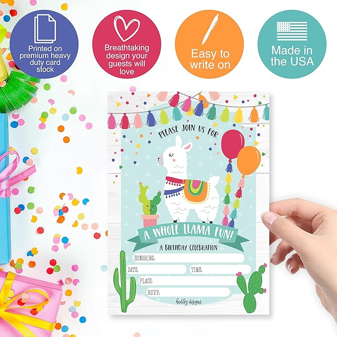 Hadley Designs Kids Birthday Invitations For Boys and Girls Mexican Theme - 25 Llama Birthday Party Invitations For Boys, Fiesta Invites For Girls, Cute Alpaca Cactus Party Supplies, Made In USA