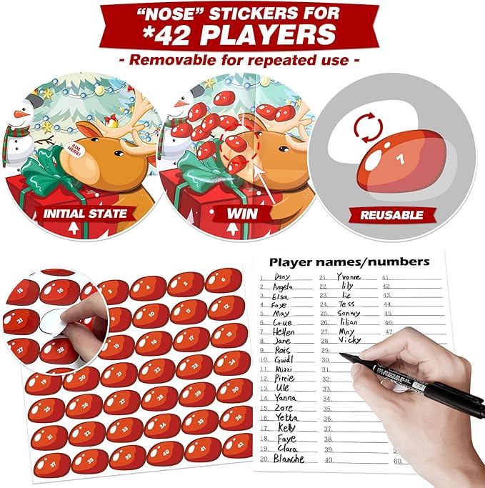 PARTYLOUD Christmas Party Games, Pin The Nose on The Reindeer, Christmas Holiday Party Games Supplies for Kids Families Adult Groups
