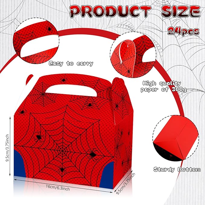 Beehaam 24 Pack Spider Party Favor Treat Boxes, Spider Web Theme Gable Gift Bags | Large Candy Goodie Cake Snack Paper Bags for Happy Birthday Baby Shower Party Decorations Supplies