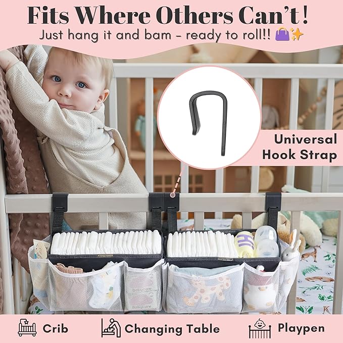 2-Pack Hanging Diaper Organizer for Crib, Playpen, Bassinet | Hold 50+ Diapers, Baby Diaper Caddy for Changing Table, Washable Newborn Essentials Organizer with Hook Straps, Ideal Baby Shower Gifts
