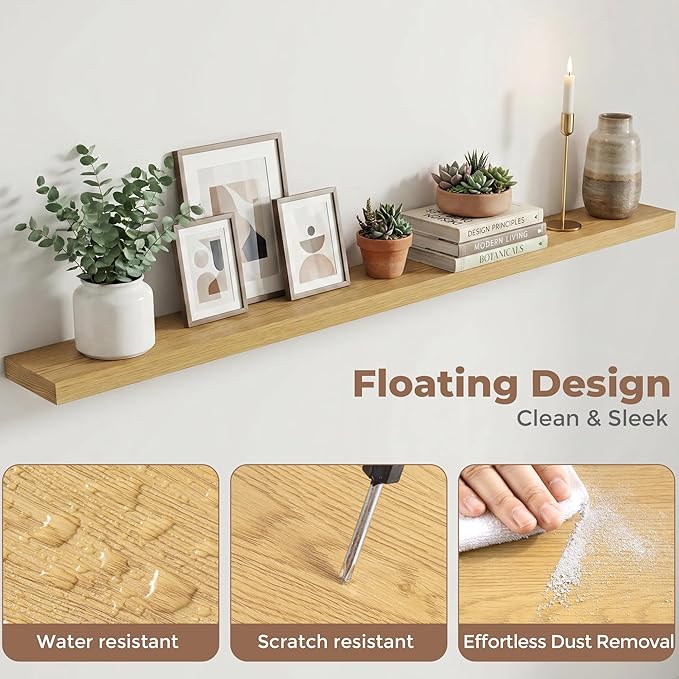 Venusmiles Floating Shelves for Wall, 72 Inch Floating Shelves Set of 2, 6.5" D Wooden Wall Mounted Display Shelves with Invisible Brackets for Living Room, Bedroom, Bathroom, Kitchen Decor, Oak