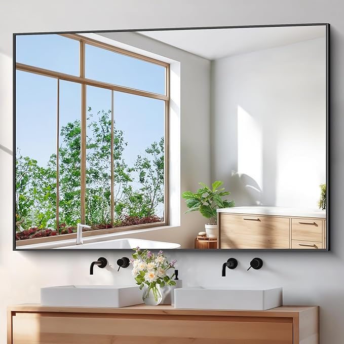 BONEWEI Bathroom Mirror,60x40 inch Bathroom Mirrors for Over Sink,Large Wall Mirror for Bathroom Wall Mounted Rectangle Mirrors,Black Vanity Mirror for Living Room,Bedroom Entryway,Horizontal/Vertical