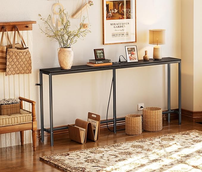 SUPERJARE 70 Inch Console Table with Outlet, Sofa Table with Charging Station, Narrow Entryway Table, Skinny Hallway Table, Behind Couch Table, for Living Room, Black