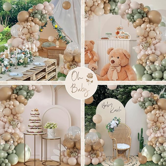 Sage Green Balloon Arch Kit 126Pcs Neutral Balloon Garland Arch Kit Include Dusty Green Sand White Tan Nude Clear Balloons for Wedding Boho Baby Shower Gender Reveal Birthday Party Decorations