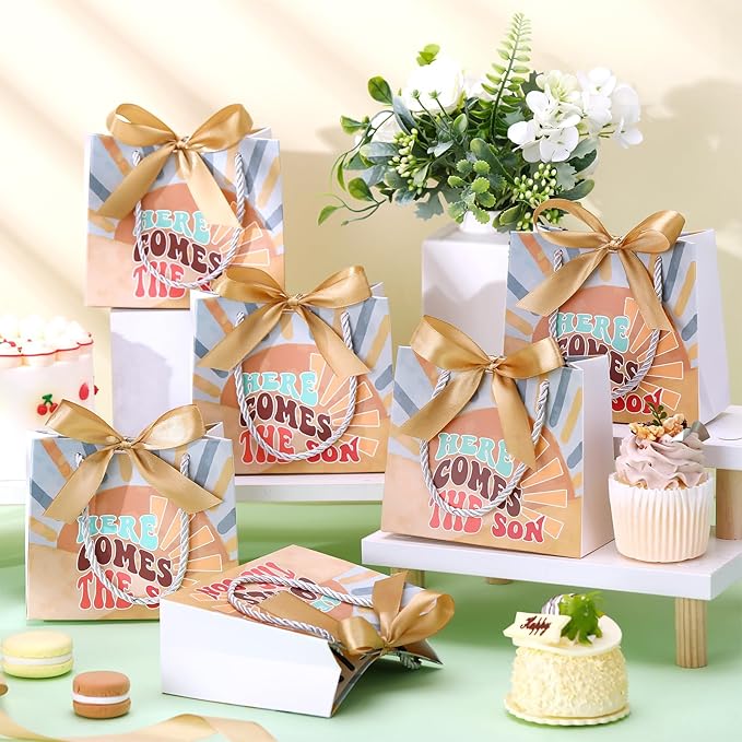 Spakon 25 Sets Here Comes The Son Baby Shower Party Favor Bags Boho Sun Gift Bags with Handles and Bow Ribbons for Baby Shower Birthday Party Decoration Supplies Goodie Souvenirs Treat