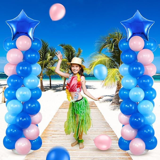 Seematn 2 Sets Pastel Blue and Pink Balloon Column Stand Kit with 2 Cartoon Star Balloons 105 Latex Balloons, Adjustable Balloon Stands for Hawaii Gender Reveal Baby shower Birthday Decor(Classic)