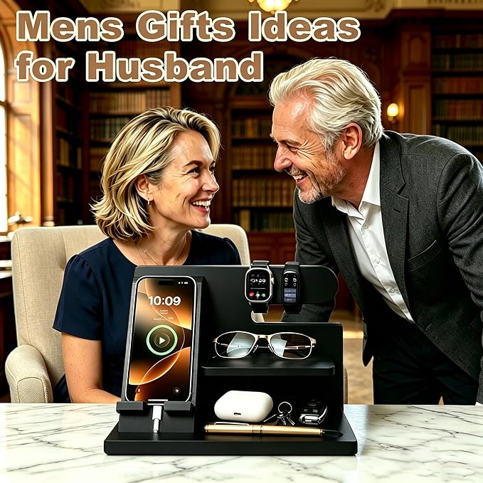 Gifts for Men Wood Phone Docking Station Birthday Gift for Men Valentines Day Gifts Father Gift for Him Boyfriend Nightstand Organizer Desktop Phone Stand Black