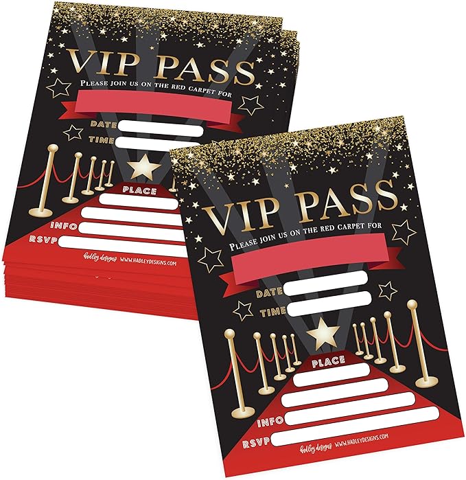 Hadley Designs Kids Birthday Invitations For Boys and Girls VIP Theme - 25 Movie Birthday Party Invitations For Boys, VIP Invites For Girls, Cute Popcorn Party Supplies, Made In USA