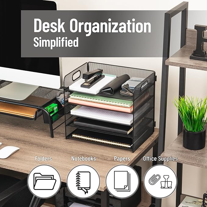Mind Reader 5 Tier Paper Tray Desktop Organizer, Removable Shelves, Cut-Out Handles, Tool-Free Assembly, Metal Mesh, Black