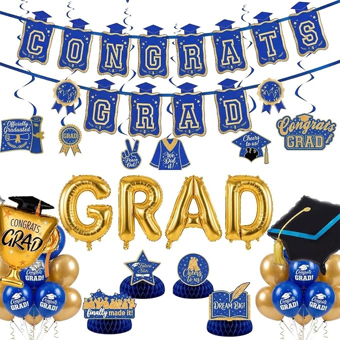 Royal blue Gold Balloons GRAD Print Balloons with Banner Table Honeycomb Centerpieces Hanging Swirl Graduation Cap trophy GRAD Letters Mylar Balloons for 2026 graduate Prom Decorations