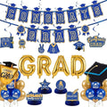Royal blue Gold Balloons GRAD Print Balloons with Banner Table Honeycomb Centerpieces Hanging Swirl Graduation Cap trophy GRAD Letters Mylar Balloons for 2026 graduate Prom Decorations
