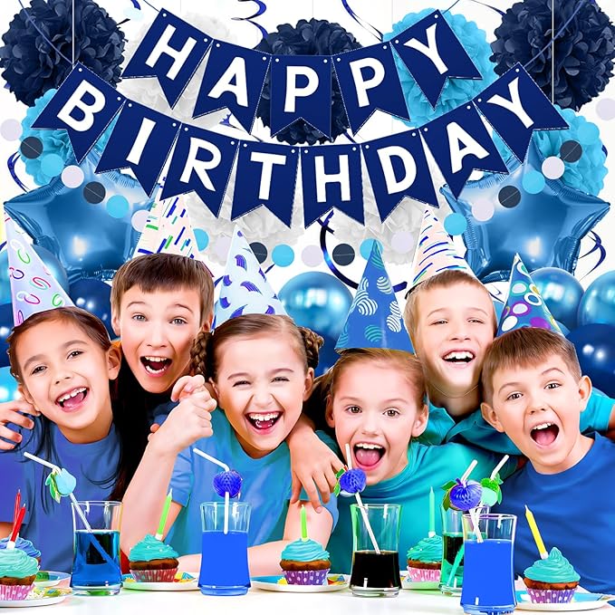 Navy Blue Birthday Decorations, Happy Birthday Banner with Paper Pompoms, Hanging Swirls, Garland, Party Balloons Happy Birthday Party Decorations for Women Men Boys Girls