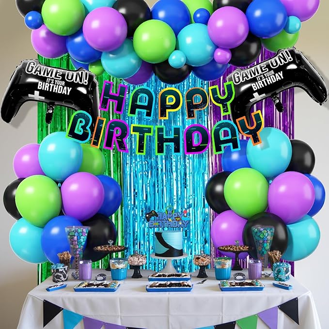 Video Game Birthday Decorations for Boys, Purple Blue Green Black Latex Balloons Gaming Controller Foil Balloons Happy Birthday Banner Fringe Curtain Cake Topper for Kids Boy Game Night Party Decor