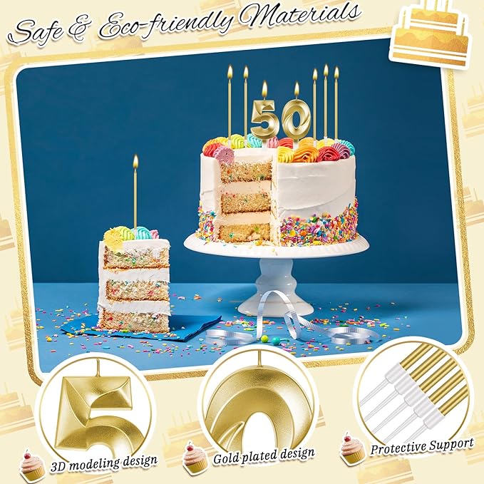 Mtlee Gold 50th Birthday Candles Set for Cakes Including Thin Metallic and Number Birthday Candles for Anniversary Celebration Party Topper Decorations Men Women