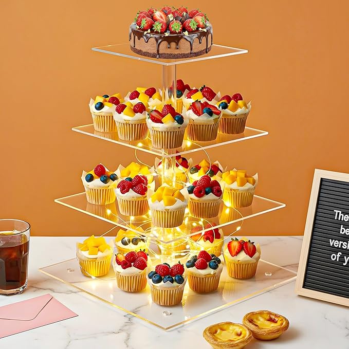 4 Tier Cupcake Stand Set of 2, Square Clear Acrylic Tiered Dessert Display Holder for 50 Cupcakes, Premium Cupcake Tower for Weddings, Birthdays, Party Decor
