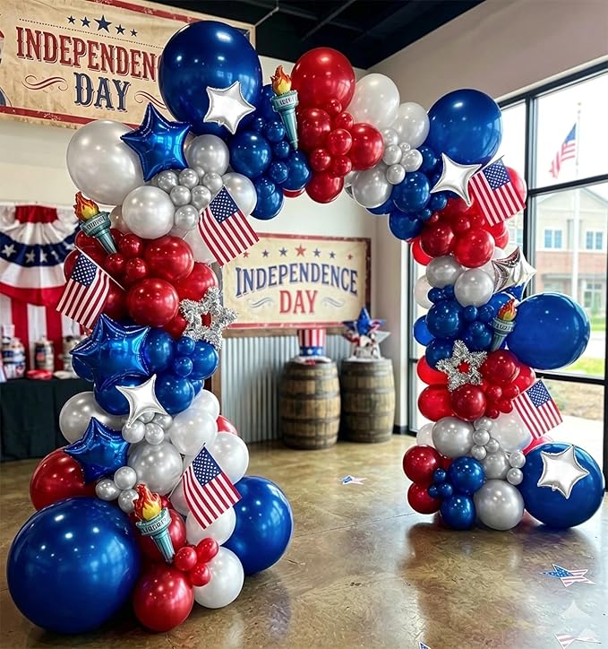 Red White Blue Balloon Arch Double Stuffed Burgundy Navy Blue Silver Pearl Balloons with 4 and 5 Corner Star Foil Balloon Garland for Graduation 4th Of July Patriot Independence Day Birthday Decor