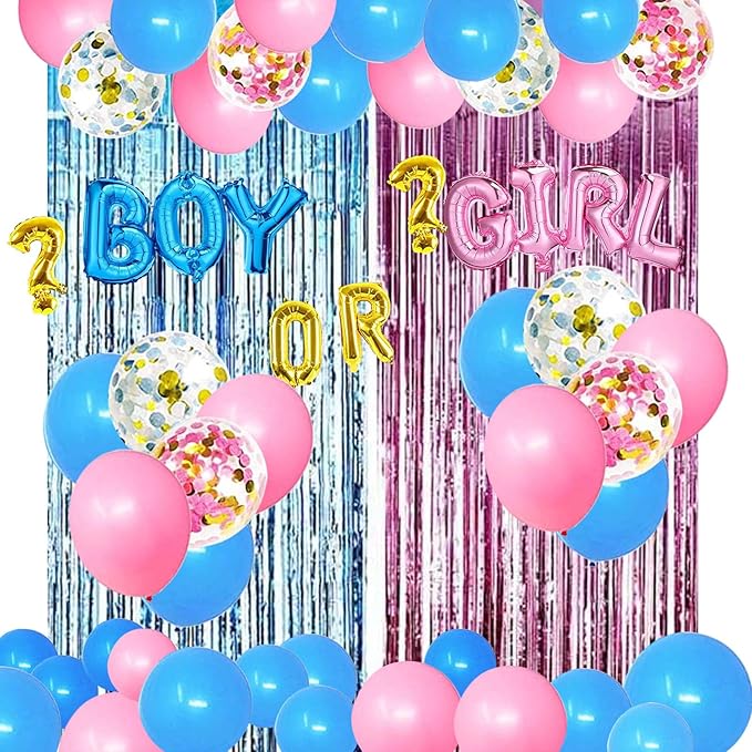 Gender Reveal Party Supplies Kit, Pink and Blue Balloons, Boy or Girl Foil Balloons, Tinsel Curtain, Gender Reveal Party Baby Photo Backdrop for Baby Shower Decorations