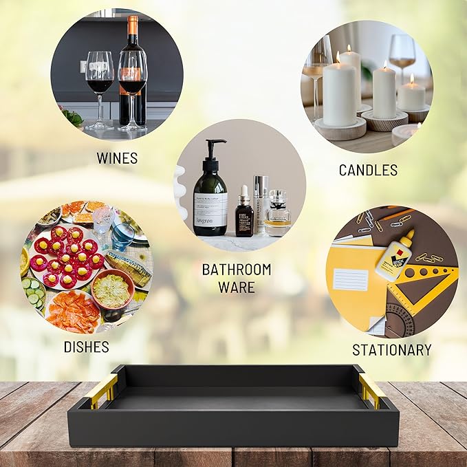 ATZYmolin Leather Serving Tray with Gold Polished Metal Handles, Home Decorative Wooden Rectangle Ottoman Decor Platter Bathroom Vanity Tray for All Occasions Black