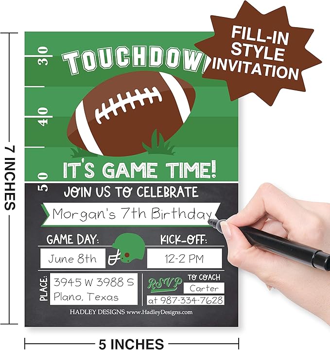Hadley Designs Kids Birthday Invitations For Boys Football Theme - 25 Football Birthday Party Invitations For Boys, Touchdown Invites For Boy, Cute Party Supplies, Made In USA