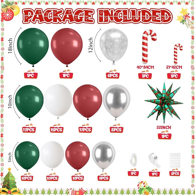 FunHot Christmas Balloon Arch Kit, Xmas Green Red Balloon Garland, Retro Green Dark Red Metallic Silver Confetti Latex Balloons with Candy Cane Xmas Star Foil Balloons for Christmas Party Decorations