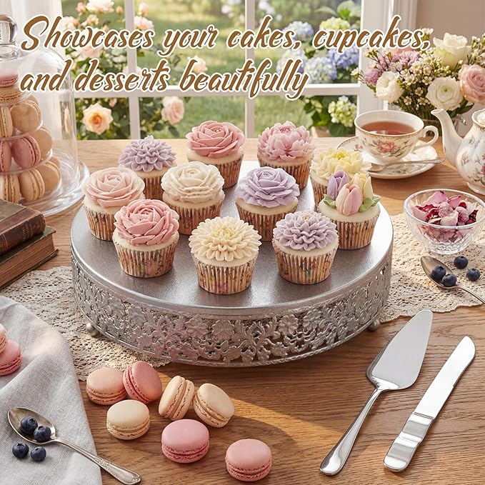 Wenqik 12 Inch Silver Cake Stand Set Metal Round Cupcake Dessert Stand with Cake Cutting, Spatula Wedding Cupcake Pastry Display Candy Holder Display for Wedding Party Birthday Baby Shower (Flower)