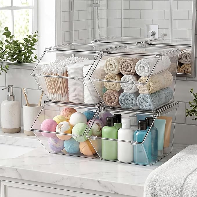 Yerliker 6 Pcs Clear Plastic Storage Bins with Lids Stackable Pantry Storage Organizer Kitchen Cabinet Organizers Ideal Containers for Coffee Pod Tea Sugar Bag Cabinet Home (Extra Large)
