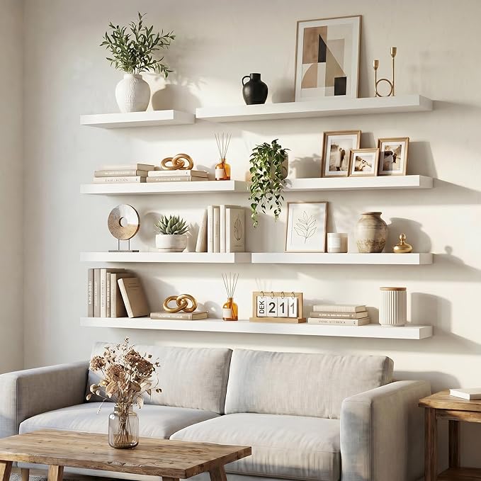 Venusmiles Floating Shelves for Wall, 48 Inch Floating Shelves Set of 2, 6.5" D Wooden Wall Mounted Display Shelves with Invisible Brackets for Living Room, Bedroom, Bathroom, Kitchen Decor, White