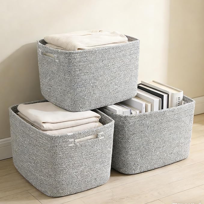 3 Pack Woven Rope Storage Baskets for Organizing,13.5"×11"×9.5"Storage Bins for Shelves,Perfect for Toys,Books,Towels,Clothes,Empty Gift Baskets for Nursery,Living Room&Bedroom(Mix Grey)
