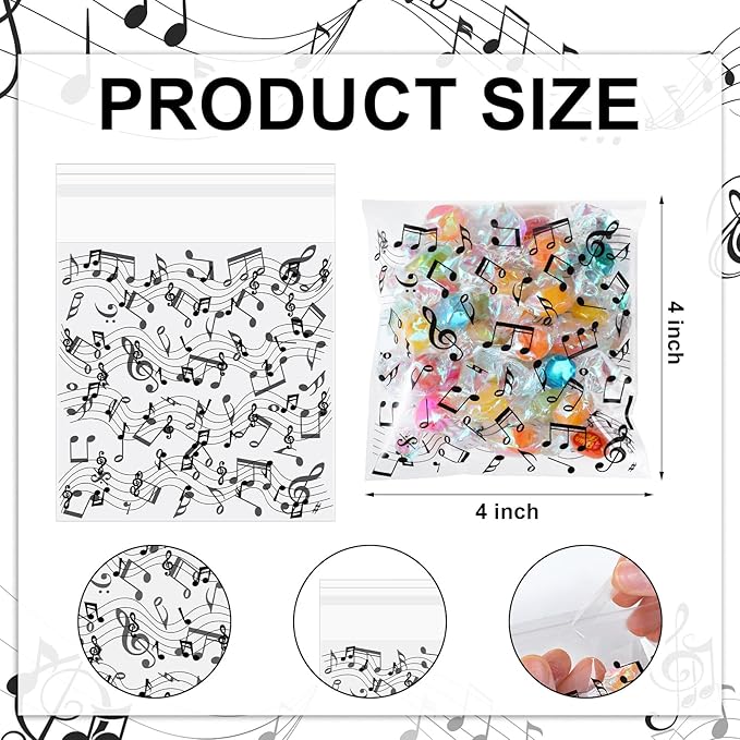 Supervitae 200 Pcs Music Notes Cellophane Cookie Bags Bulk 4 x 4 Inch Self Adhesive Treat Bags Treat Clear Goodie Gift Wrapping for Music Theme Party Favor Supplies Snacks Bakery Candy Packaging