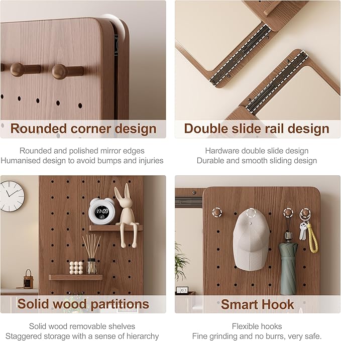 KungFuWood Full Length Mirror with Shelf and Hooks,Entry Way Mirrors for Wall,Wall Mirror with Shelf,Wall Mirror with Storage Multifunctional Design Panel,Living Room