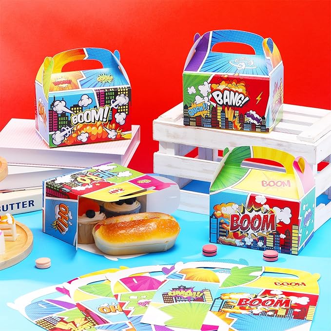 Gueevin 24 Pcs Hero Party Favors Boxes Hero Birthday Goodie Candy Snack Bags Gable Paper Gift Boxes with Handles for Birthday Baby Shower Party Supplies Decorations