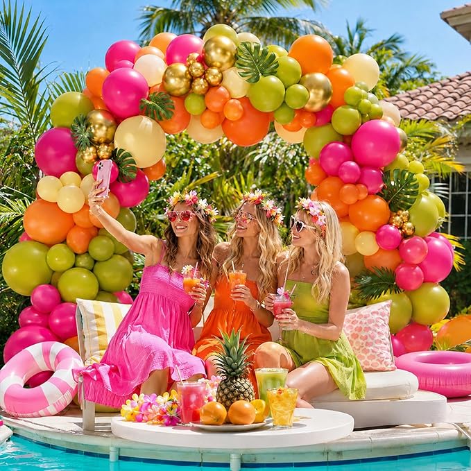 Tropical Hawaiian Balloons Arch Garland Kit, Olive Green Hot Pink Orange Yellow Metallic Gold Balloons for Kids Hawaii Summer Beach Luau Aloha Pool Birthday Flamingo Theme Baby Shower Party Decoration