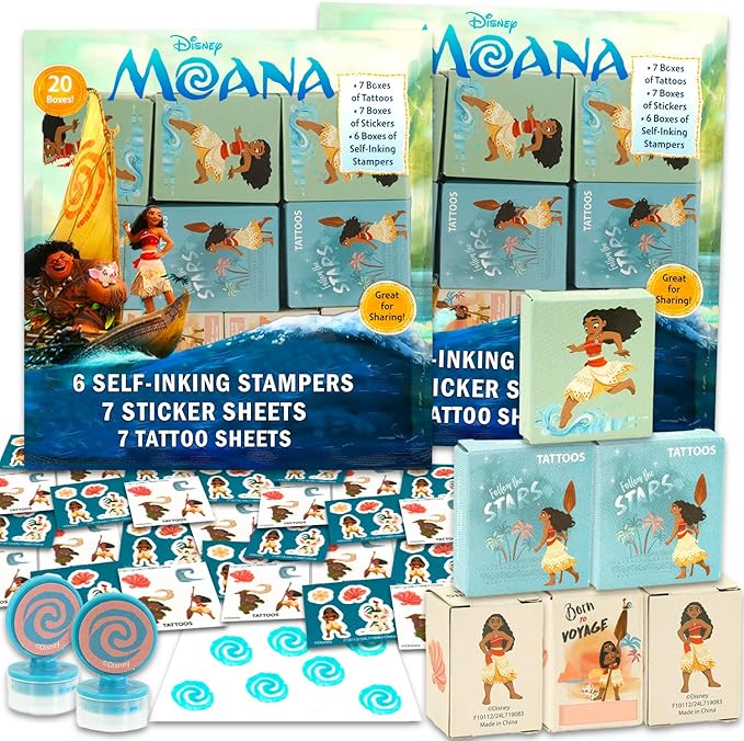 Disney Moana Holiday Party Favor Boxes Set - Bundle with 40 Moana Stickers, Tattoos, Stampers for Easter Basket Fillers, More