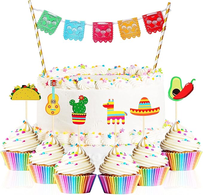 Outus 43 Pcs Fiesta Cupcake Topper and Picado Banner for Fiesta Party Decorations Mexican Theme Cake Decorations for Mexican Themed Cactus Donkey Taco Pepper Sombrero Mustache Party