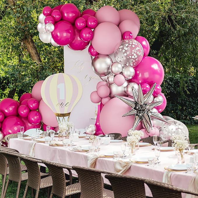 Hot Pink Silver Balloons Arch Garland Kit-Macaron Pink Balloon Hot Pink Explosion Star Foil Balloon 127Pcs for Princess Birthday,Graduation,Bachelorette,Baby Shower,Christmas Party Decorations.