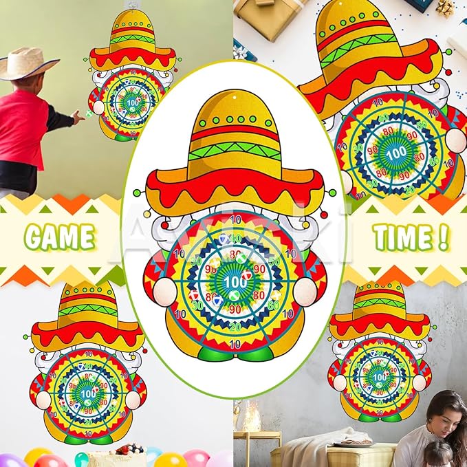 Cinco de Mayo Dart Board Set, Mexican Gnome Party Board with 12 Stick Balls, Hook, Kids Mexico Party Indoor Outdoor Games, Mexican Birthday Party Suppiles for Boys/Girls/Adults Fun