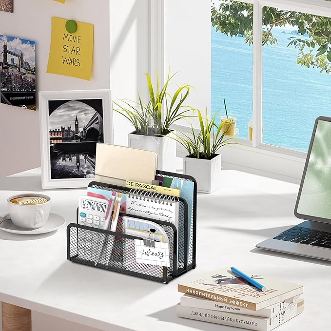 SUPEASY Mail Organizer for Desk, Mesh Metal Mail Holder Countertop with 3-Slot, Letter Sorter File Holder, Office Envelope Organizer for Mails (Black)