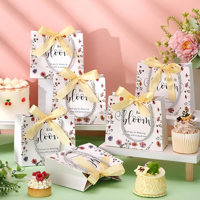 Spakon 25 Sets Baby in Bloom Baby Shower Party Favors Bags Wildflower Gift Bags with Handle and Bow Ribbon for Birthday Party Supplies Decoration