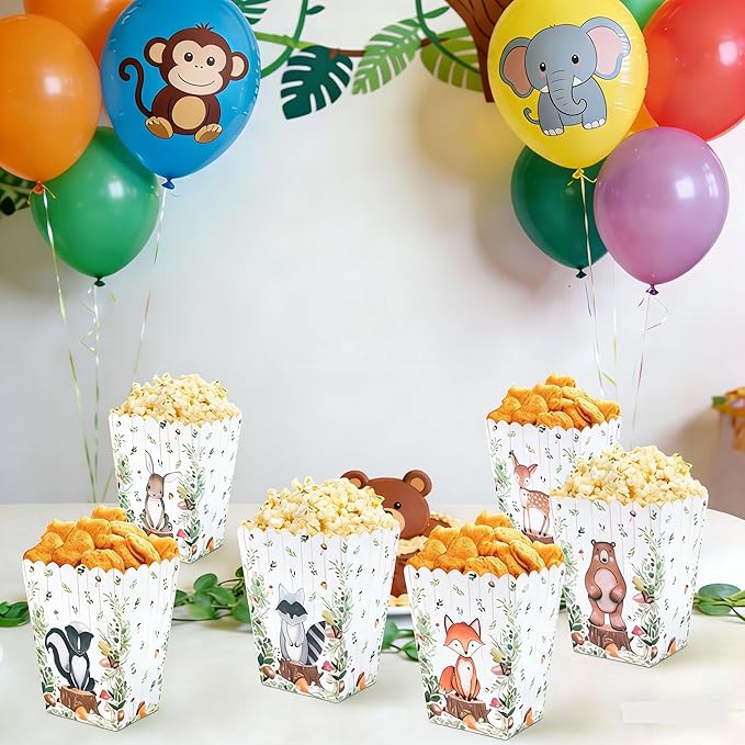 LaVenty 12 PCS Woodland Animals Forest Popcorn Boxes Favor Treat Candy Goodies Bags for Bear Fox Deer Birthday Party Supplies
