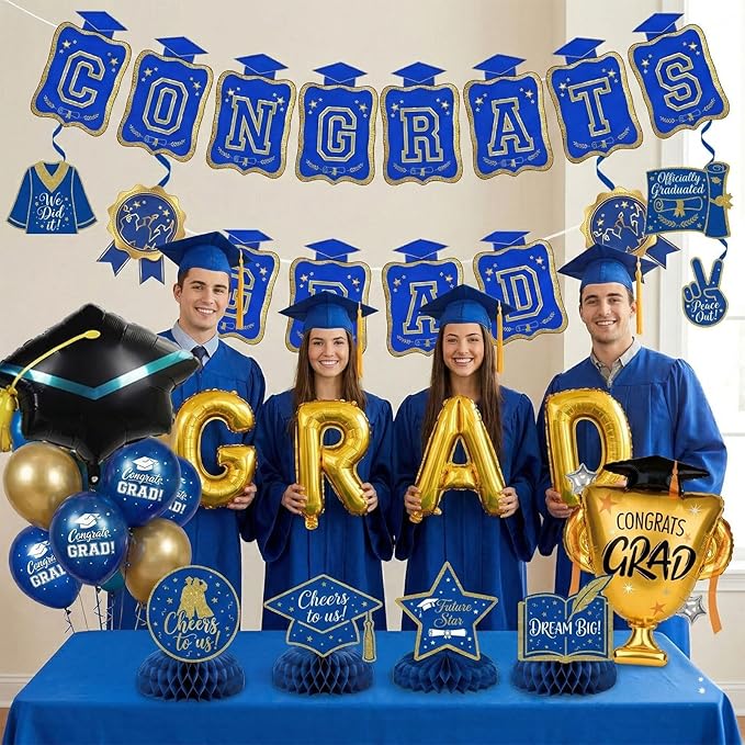 Royal blue Gold Balloons GRAD Print Balloons with Banner Table Honeycomb Centerpieces Hanging Swirl Graduation Cap trophy GRAD Letters Mylar Balloons for 2026 graduate Prom Decorations