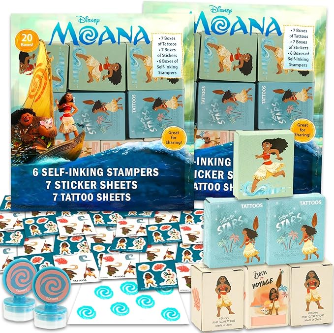 Disney Moana Holiday Party Favor Boxes Set - Bundle with 40 Moana Stickers, Tattoos, Stampers for Easter Basket Fillers, More