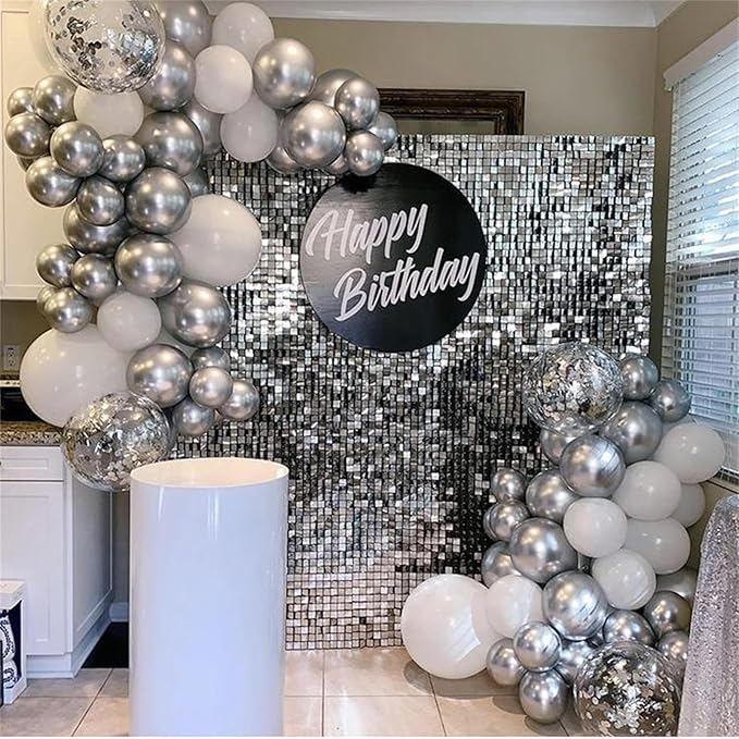 Silver and White Balloons, 12 Inch Metallic Silver White Latex Balloons Set Decor with Silver Confetti Helium Balloons for Boys Girls Birthday Party Baby Shower Wedding Graduation Party Decorations