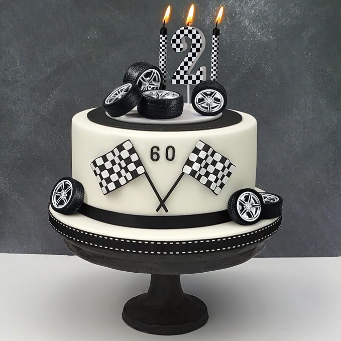 13 Pcs Racing Cars Themed Birthday Candles, Black and White Checkered Birthday Cake Candles, Numeral 2Candle Wheel Tire for Racing Car Party Decoration Theme Party Supplies