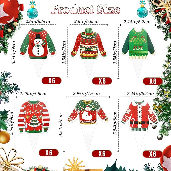 Ugly Sweater Cupcake Toppers, 36 PCS Christmas Cupcake Toppers Party Decorations, Christmas Holiday Cake Decoration Food Picks Topper for Xmas Winter Birthday Party Decorations Supplies, 6 Designs