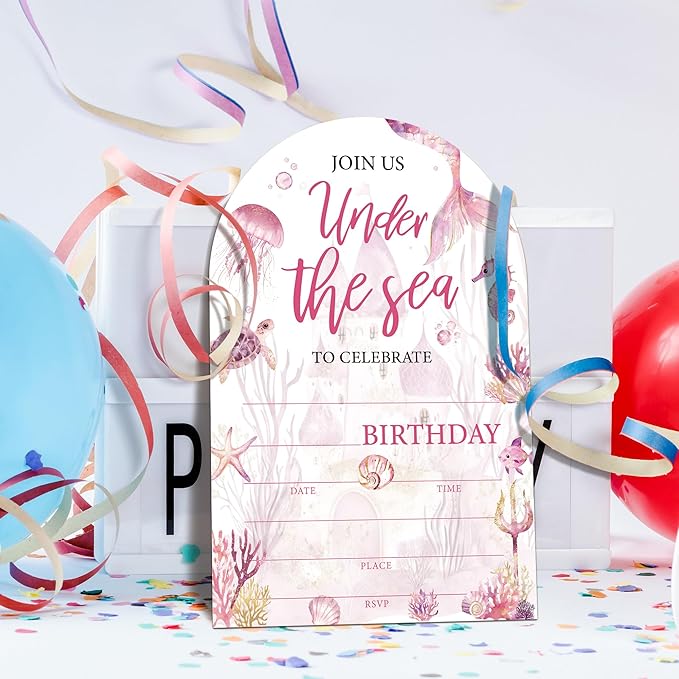 Under The Sea Birthday Party Invitations, Ocean Animals Mermaid Birthday Invitations for Girls, 20 Invitation Cards with Envelopes, Under the Sea Party Decorations 4x6 Inch