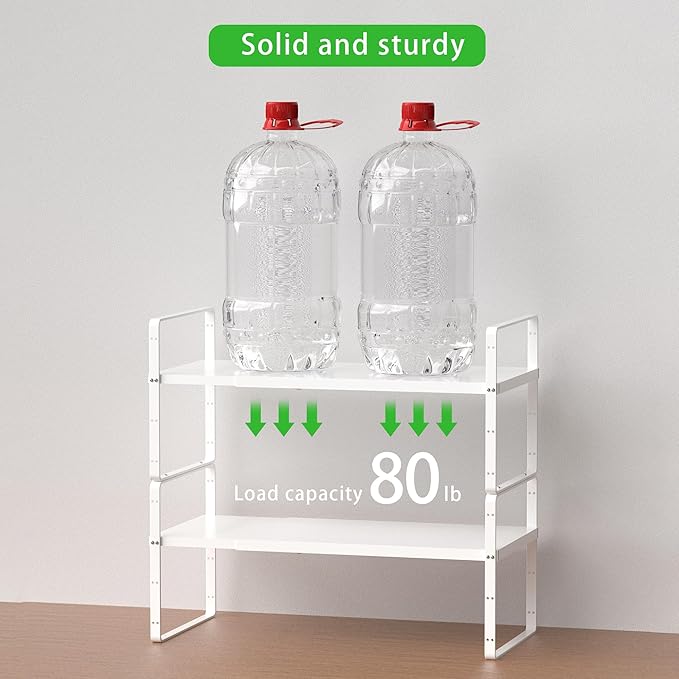 Expandable Cabinet Storage Shelf Stackable Organizer Rack for Kitchen Bathroom Pantry Spice Cupboard Countertop Home Office Desk Heavy Duty Nonslip White Large 2 PACK