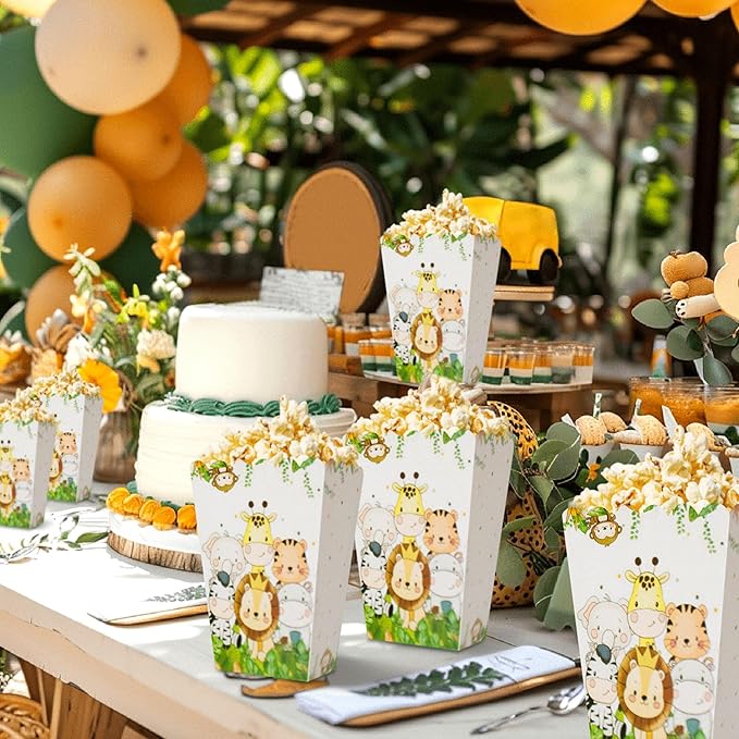 BACH AND BOUJEE 12Pcs Safari Animal Popcorn Boxes Jungle Safari Goodie Candy Boxes Jungle Wild One Birthday Party Favors Gift Bags Safari Baby Shower Decorations Zoo Animal Party Supplies